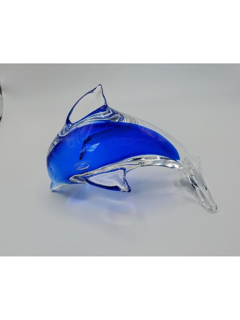 Art Glass Dolphin Figurine Sculpture Cobalt Blue Hand Blown Sommerso Jumping 5"